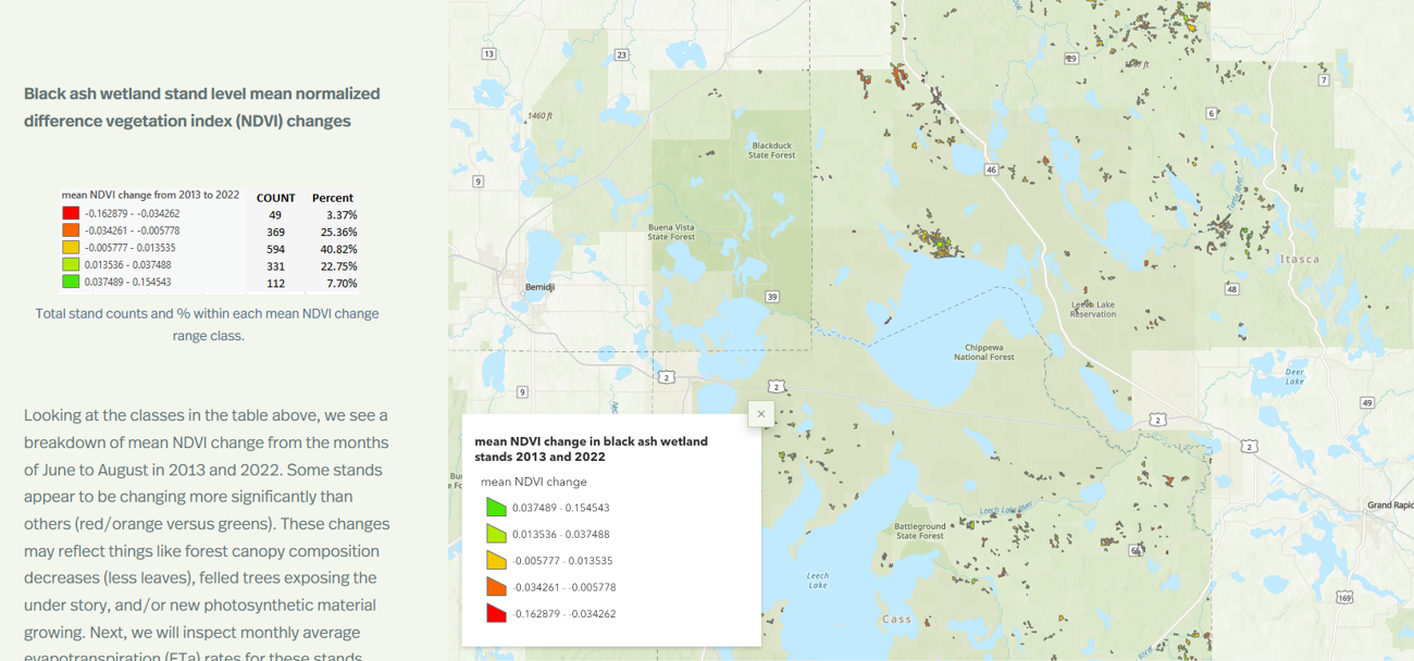 Black ash wetland stand level NDVI change map